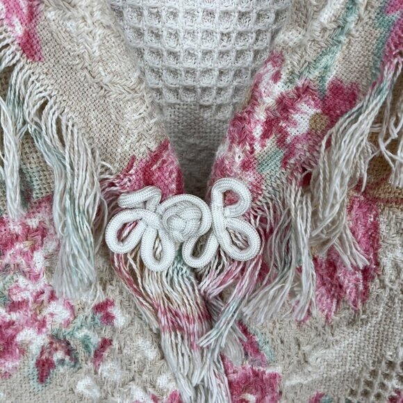 Womens Shawl Collar Floral Knit Jacket Size L Cottage Neutral Fringe Country - Picture 5 of 14